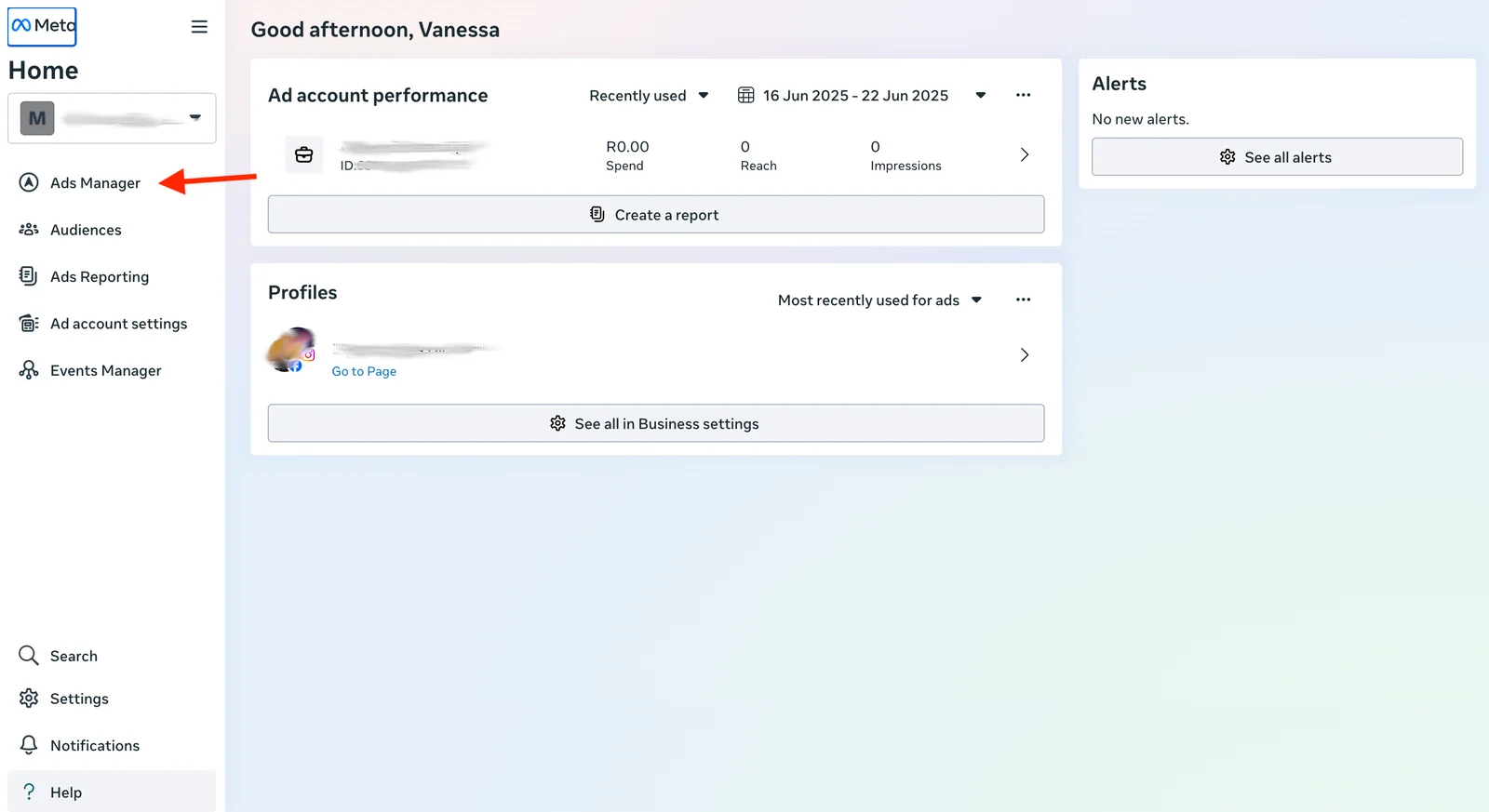 Meta Business Suite home with an arrow pointing to Ads Manager in the side menu.
