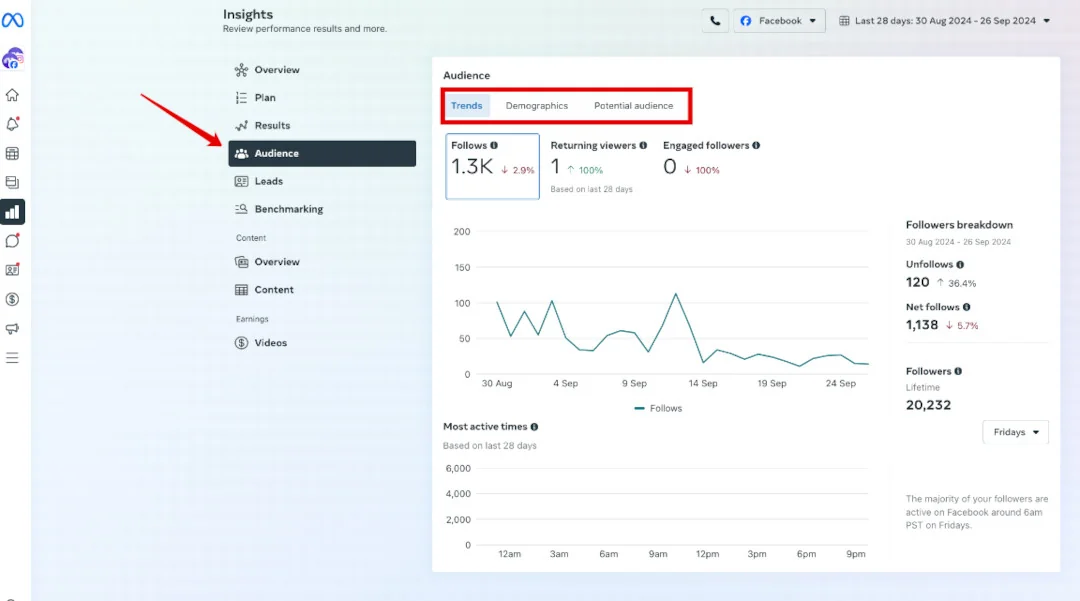 Meta Business Suite Insights Audience section, with the Trends, Demographics, and Potential audience tabs highlighted.