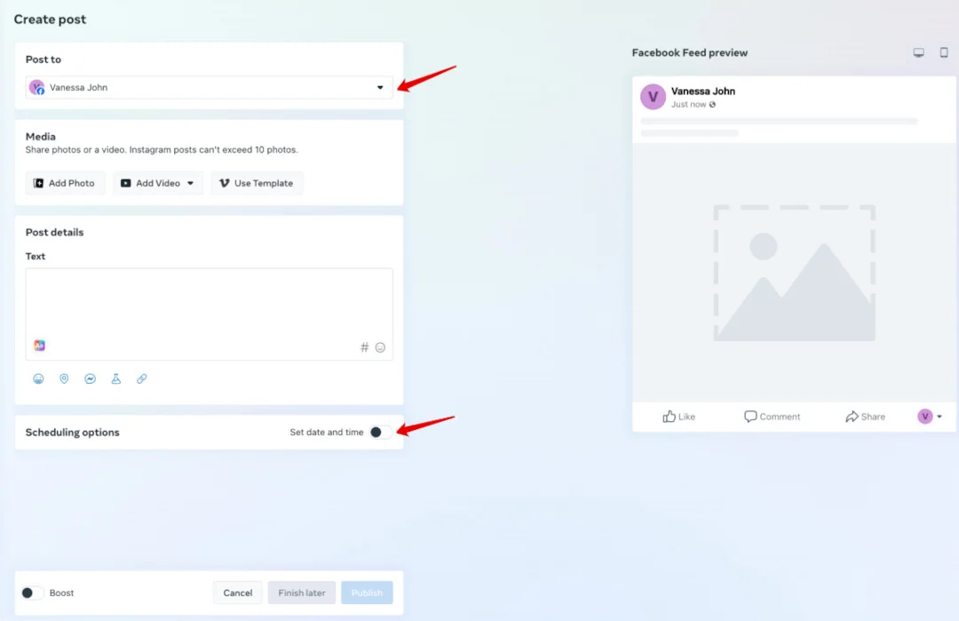 Meta Business Suite 'Create post' window with account selection, a scheduling toggle, and a Facebook Feed preview.