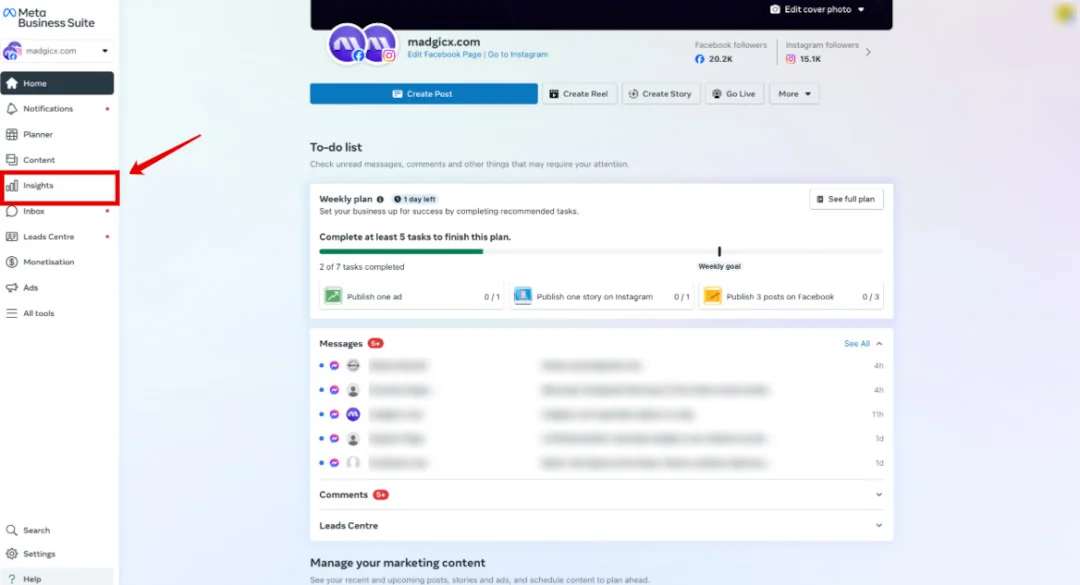 Meta Business Suite home with the Insights tab highlighted in the left menu.