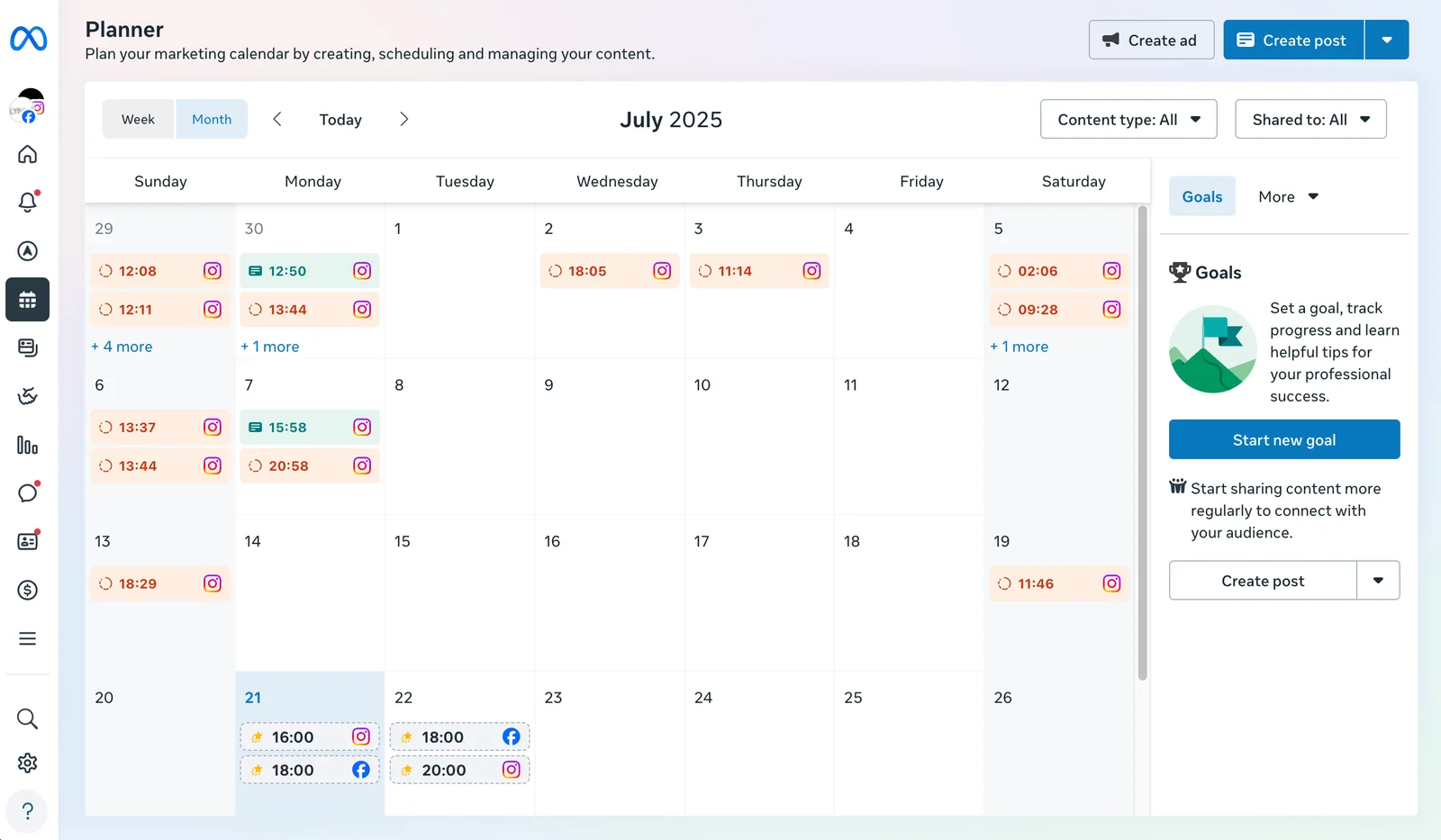 Meta Business Suite Planner month calendar with scheduled Instagram and Facebook posts.