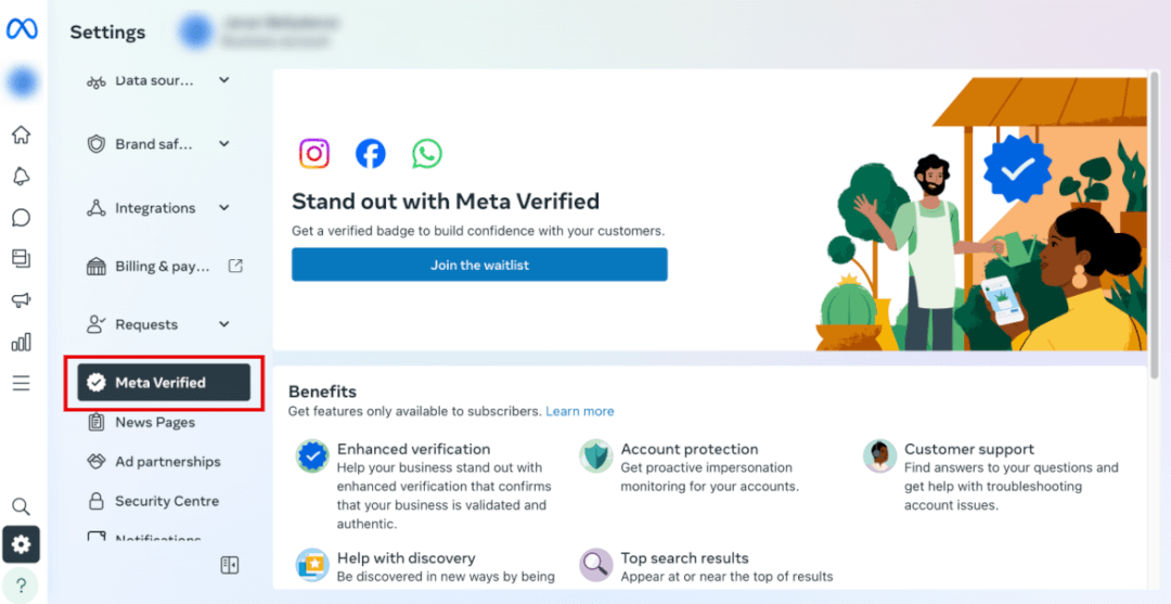 Meta Verified selected in Meta Business Suite settings, with the 'Join the waitlist' button to sign up.
