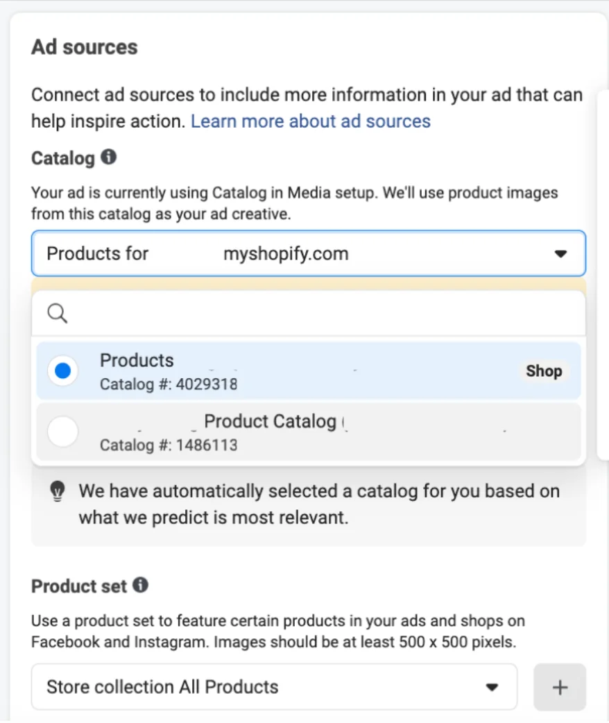 Meta Ad sources section for a catalog carousel ad, picking a product catalog and the product set to feature.