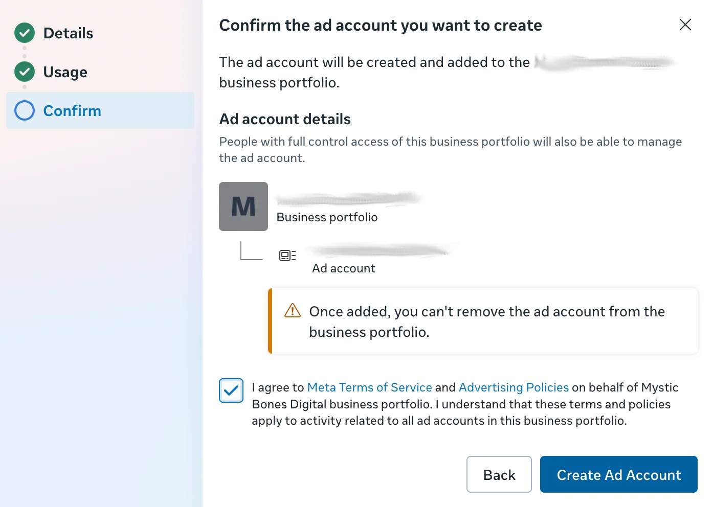 Meta confirmation screen for a new ad account, warning it can't be removed from the business portfolio once added.