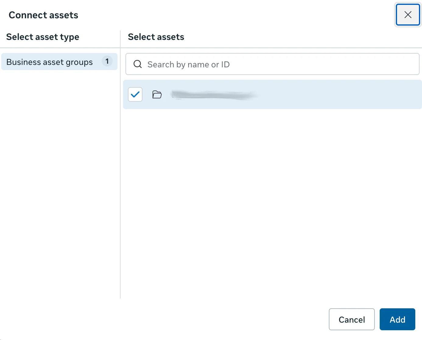 Meta Connect assets dialog with the new business asset group checked, ready to add.