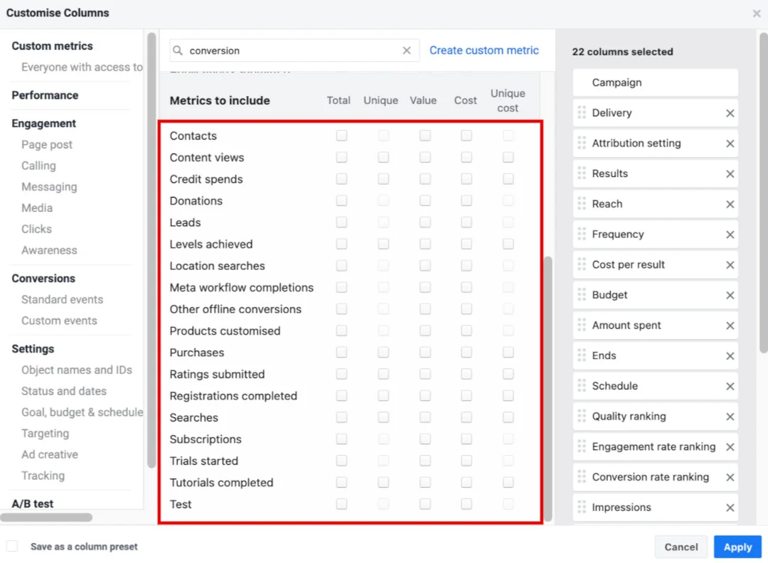 Bottom of Meta's standard conversion event list in 'Customise Columns', from contacts and leads to purchases and trials.