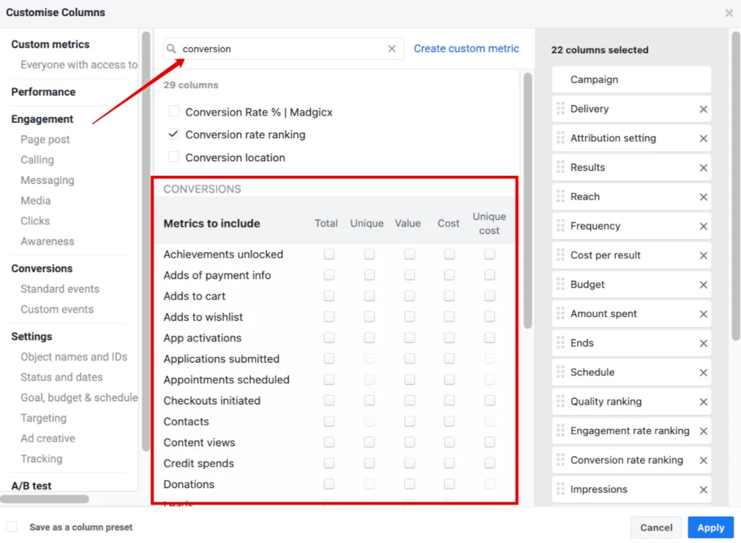 Meta 'Customise Columns' window with 'conversion' typed in the search and the conversion metrics list highlighted.