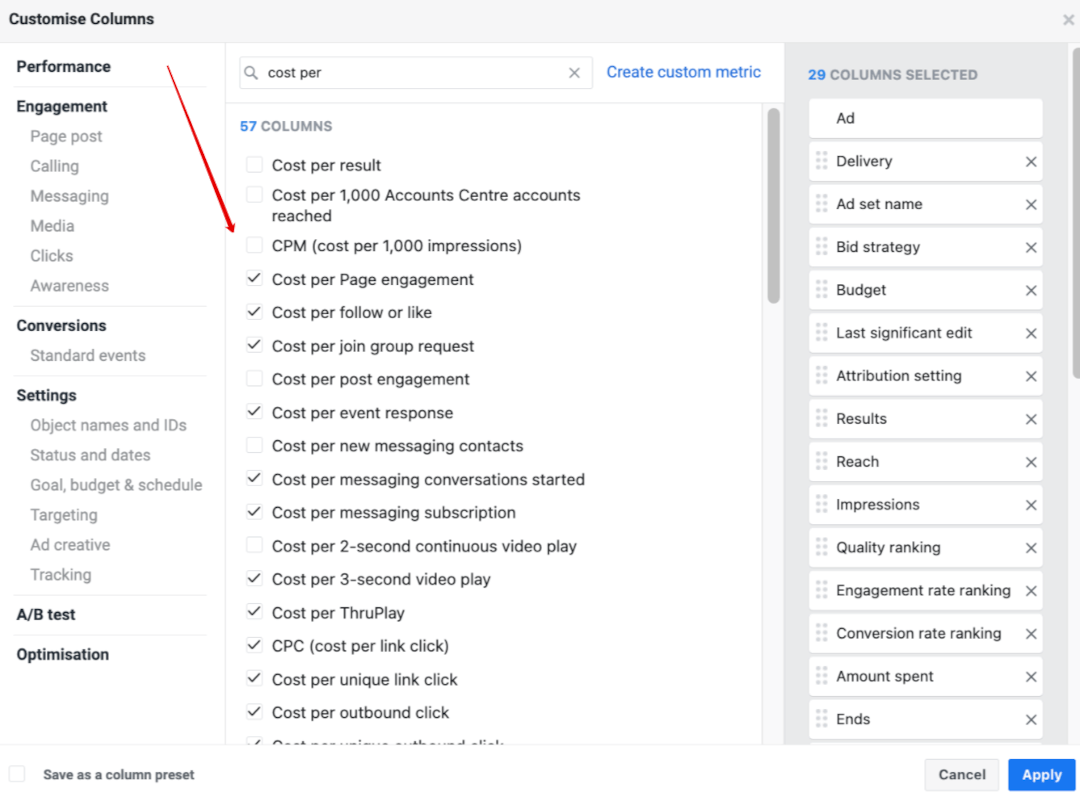 Meta 'Customise Columns' search for 'cost per', listing the cost-per-action metrics you can add to your view.