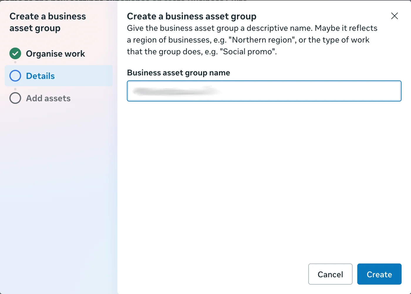 Meta Create a business asset group dialog at the Details step, asking for a group name.