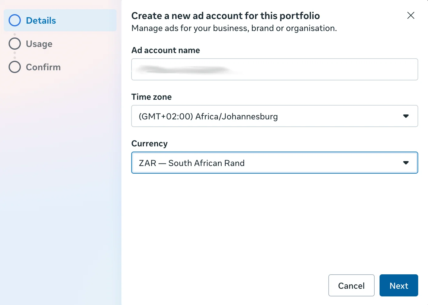 Meta Create a new ad account form for entering the account name, time zone, and currency.