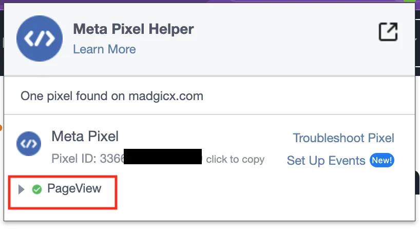 Meta Pixel Helper popup showing one pixel found, with its PageView event highlighted.