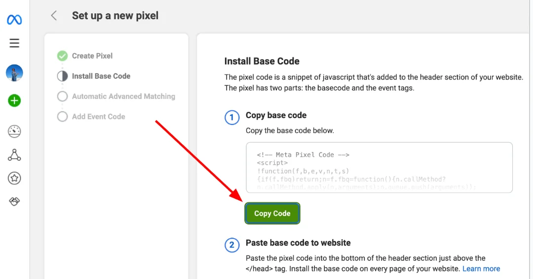 Meta Pixel setup - copy base code