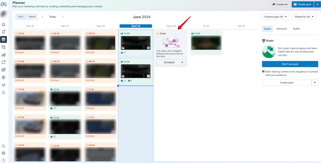 Meta Business Suite Planner tip showing when your Instagram followers are most active.