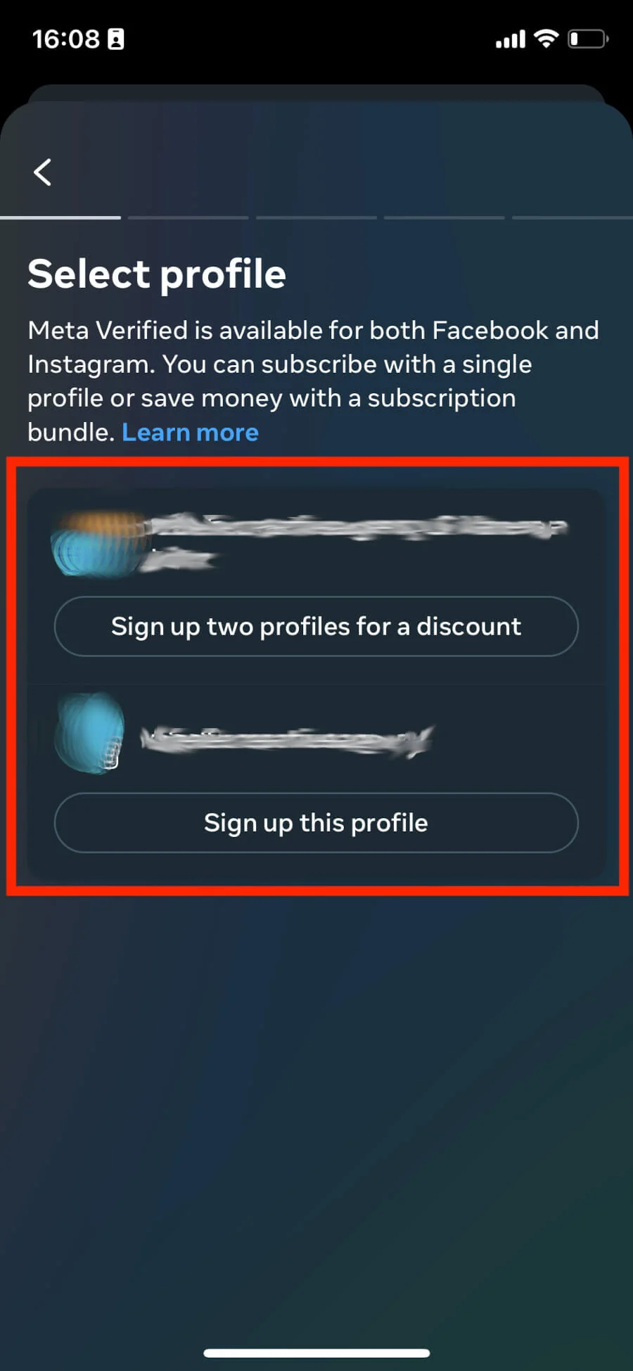 Meta Verified 'Select profile' screen with options to sign up one profile or two for a discount