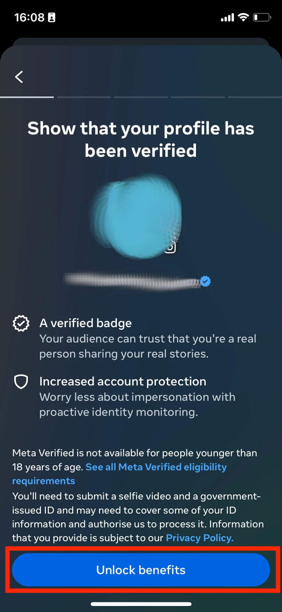 Meta Verified screen listing a verified badge and account protection, with the 'Unlock benefits' button highlighted