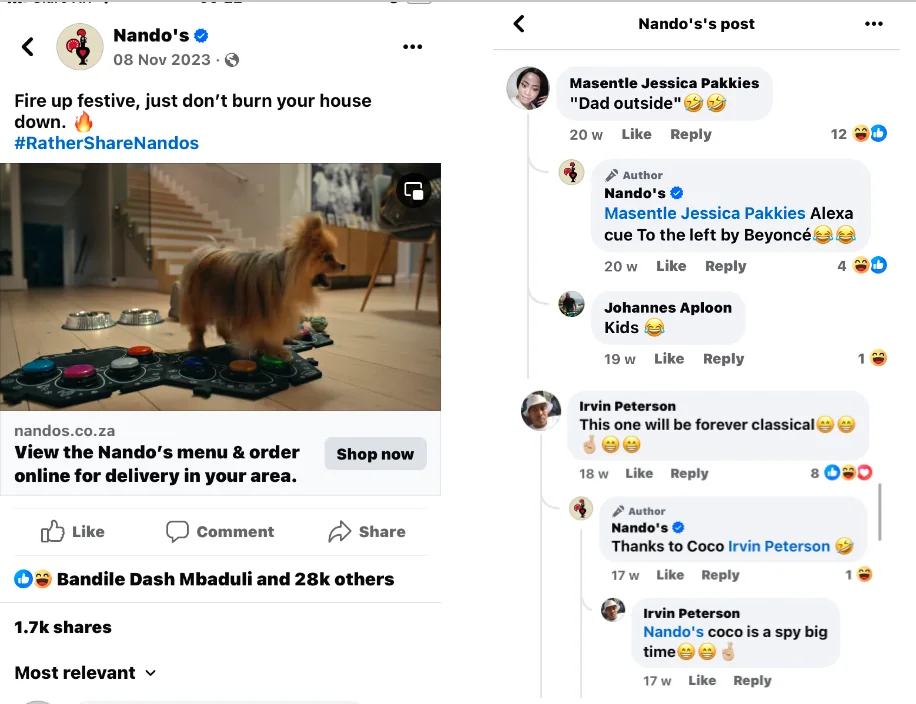 Nando's Facebook post where the brand replies to follower comments with humor.