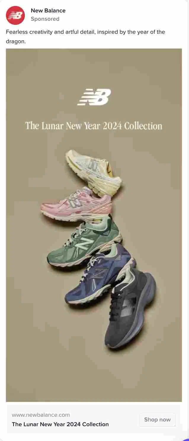 New Balance Instagram image ad for The Lunar New Year 2024 Collection, showing five sneakers in different colours.