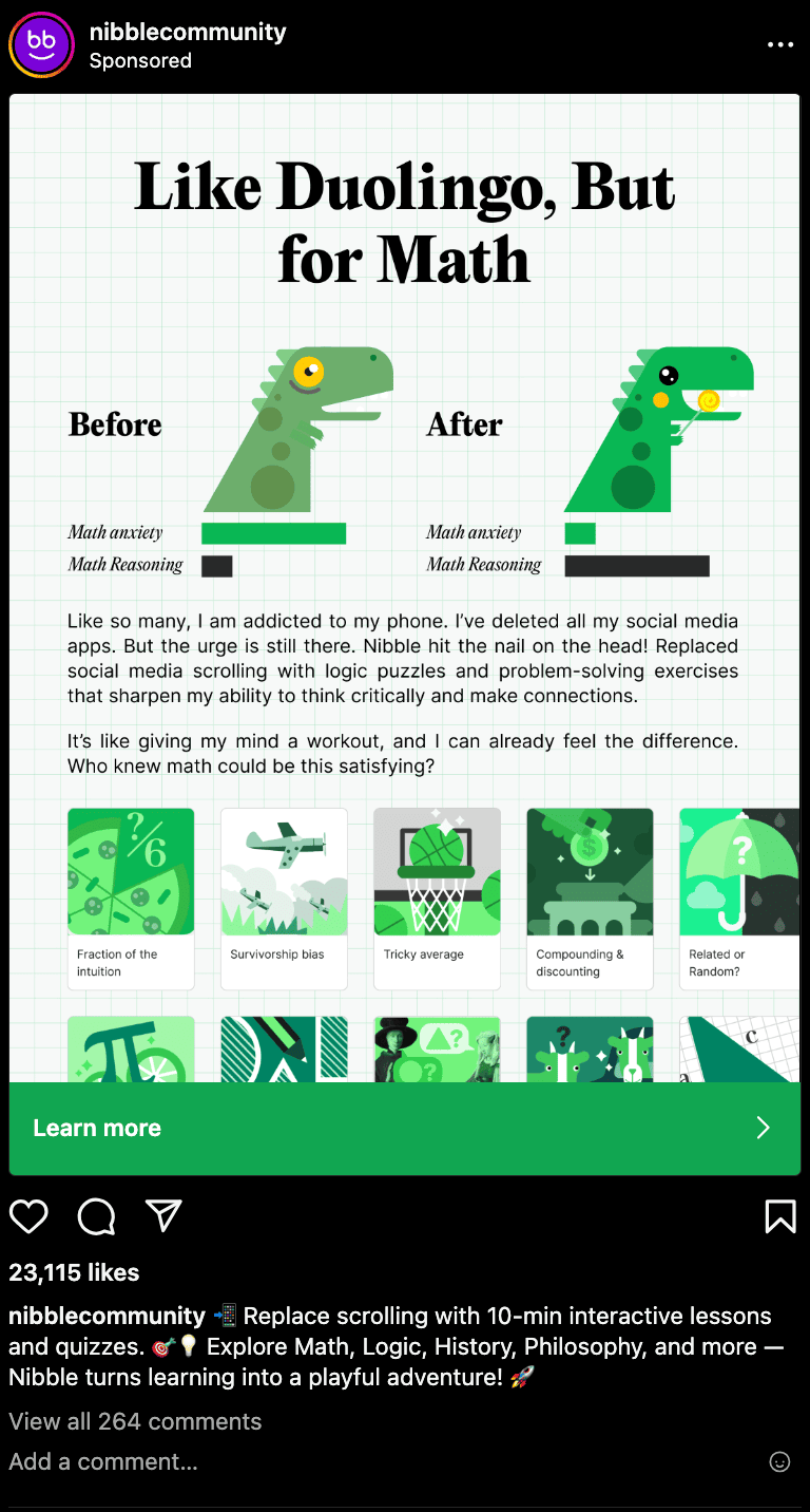 Nibble Instagram ad headed 'Like Duolingo, but for math', with before-and-after dinosaurs showing less math anxiety.