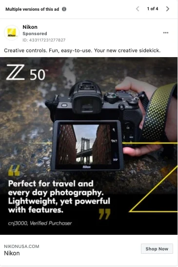 Nikon Facebook ad social proof