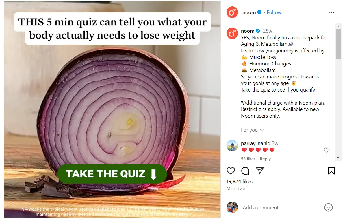Noom Instagram ad: a sliced red onion under 'This 5 min quiz can tell you what your body actually needs to lose weight'.