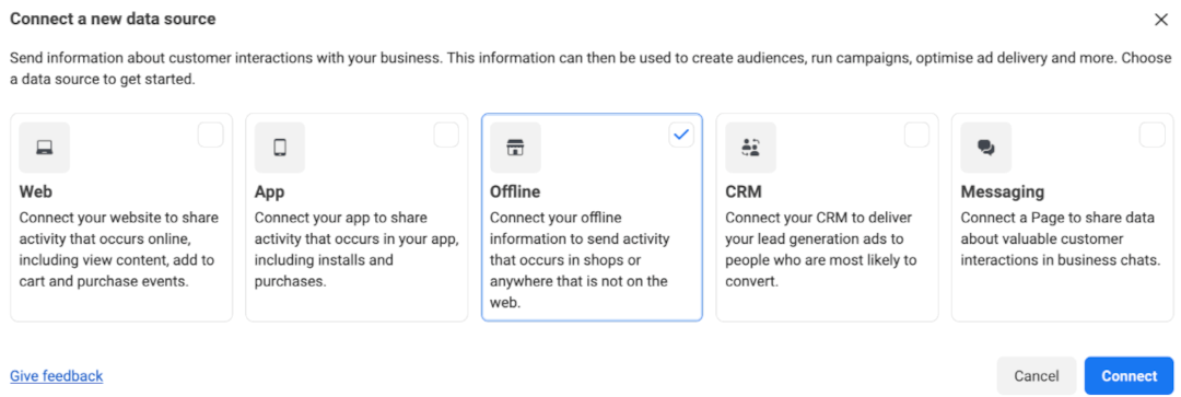 Options available when you connect a new data source in the Events Manager.