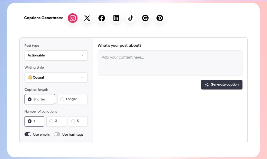 Planable's free AI caption generator for Instagram, with options for post type, writing style, length, emojis, and hashtags.