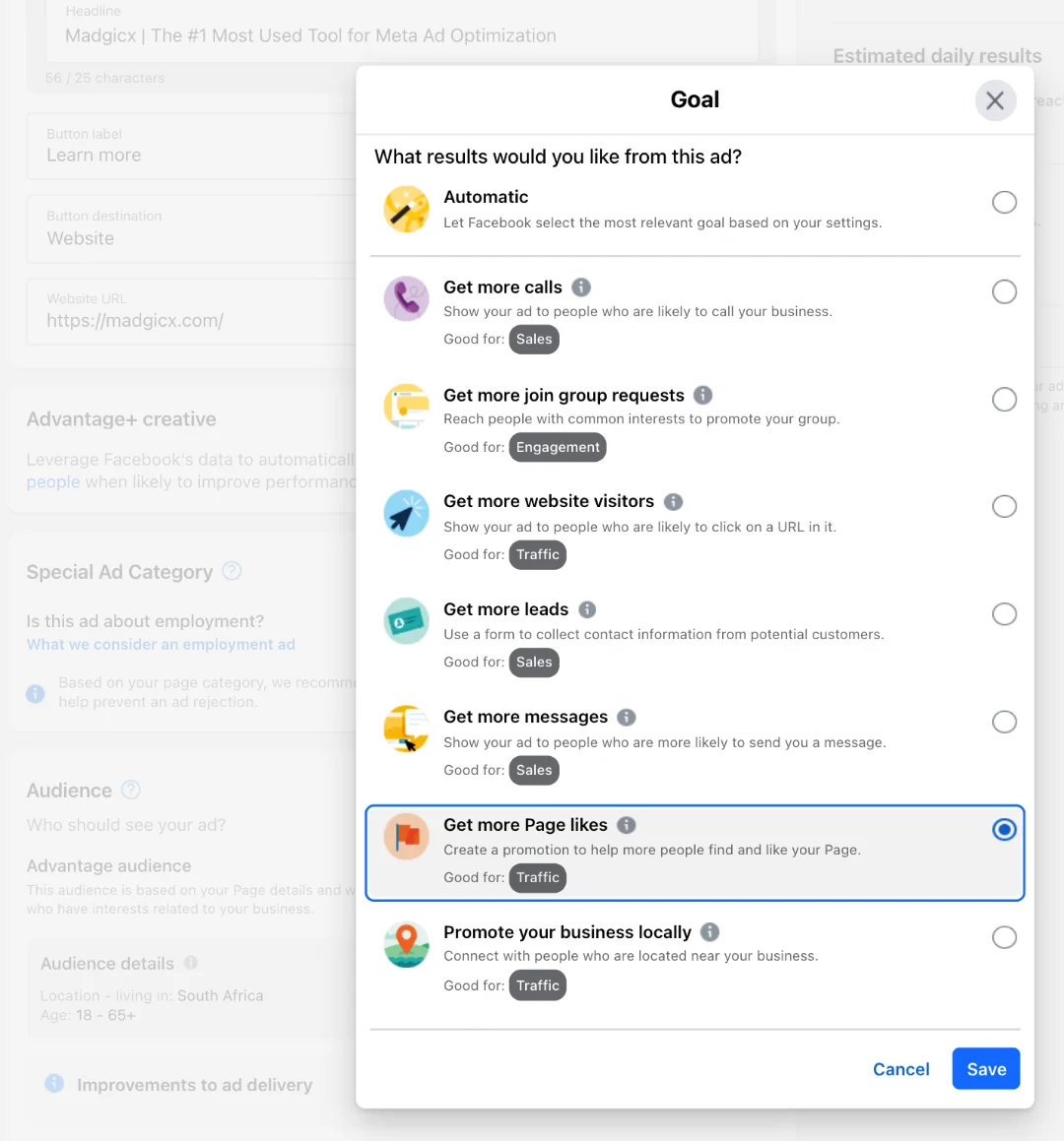 Promote Facebook page - Choose goal