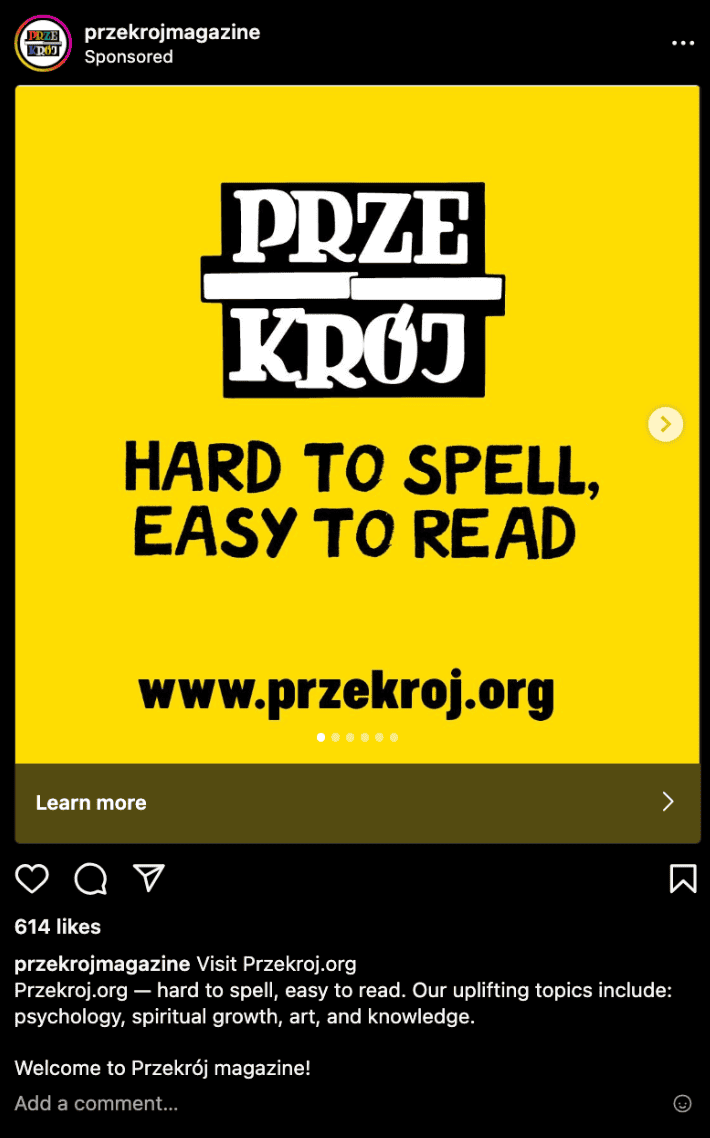 Przekrój magazine carousel ad on Instagram reading 'Hard to spell, easy to read', with its web address.