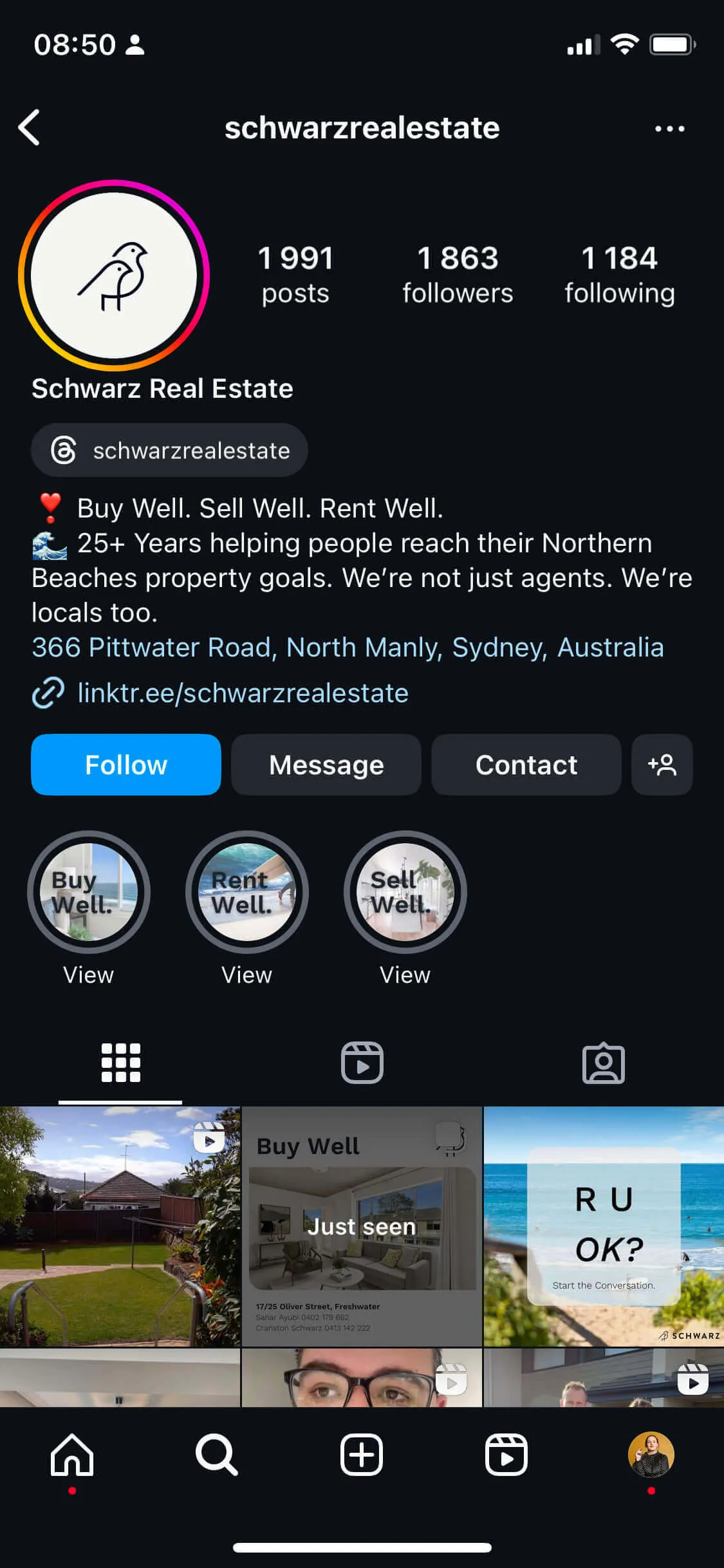 Schwarz Real Estate Instagram profile with a clear bio, office address, link in bio, and Buy, Rent, and Sell highlights.