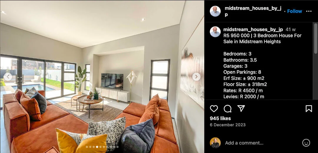 Instagram real estate listing with a bright wide-angle living room photo and the property details in the caption.