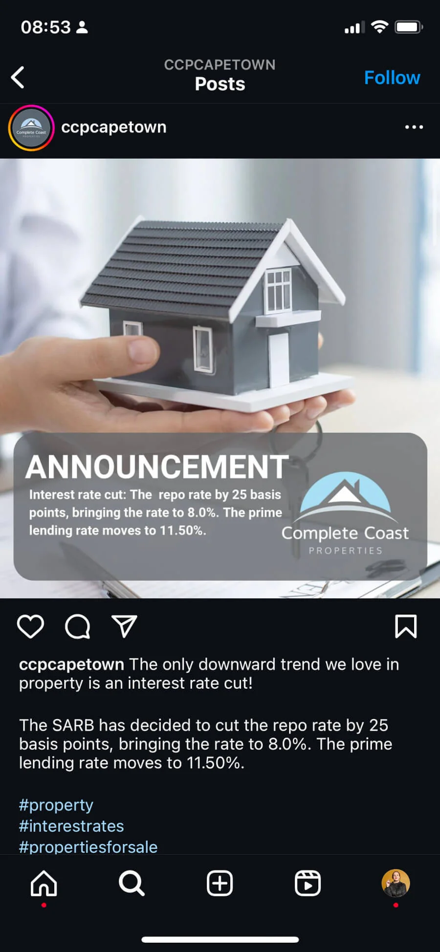 Real estate agency Instagram post explaining an interest rate cut, an example of educational content.