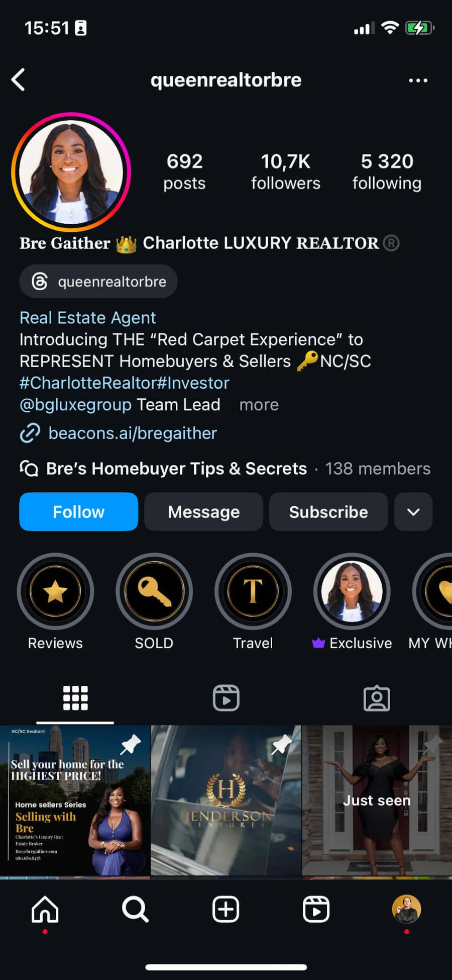 Charlotte realtor Bre Gaither's Instagram profile with Story highlights for reviews, sold homes, and travel.