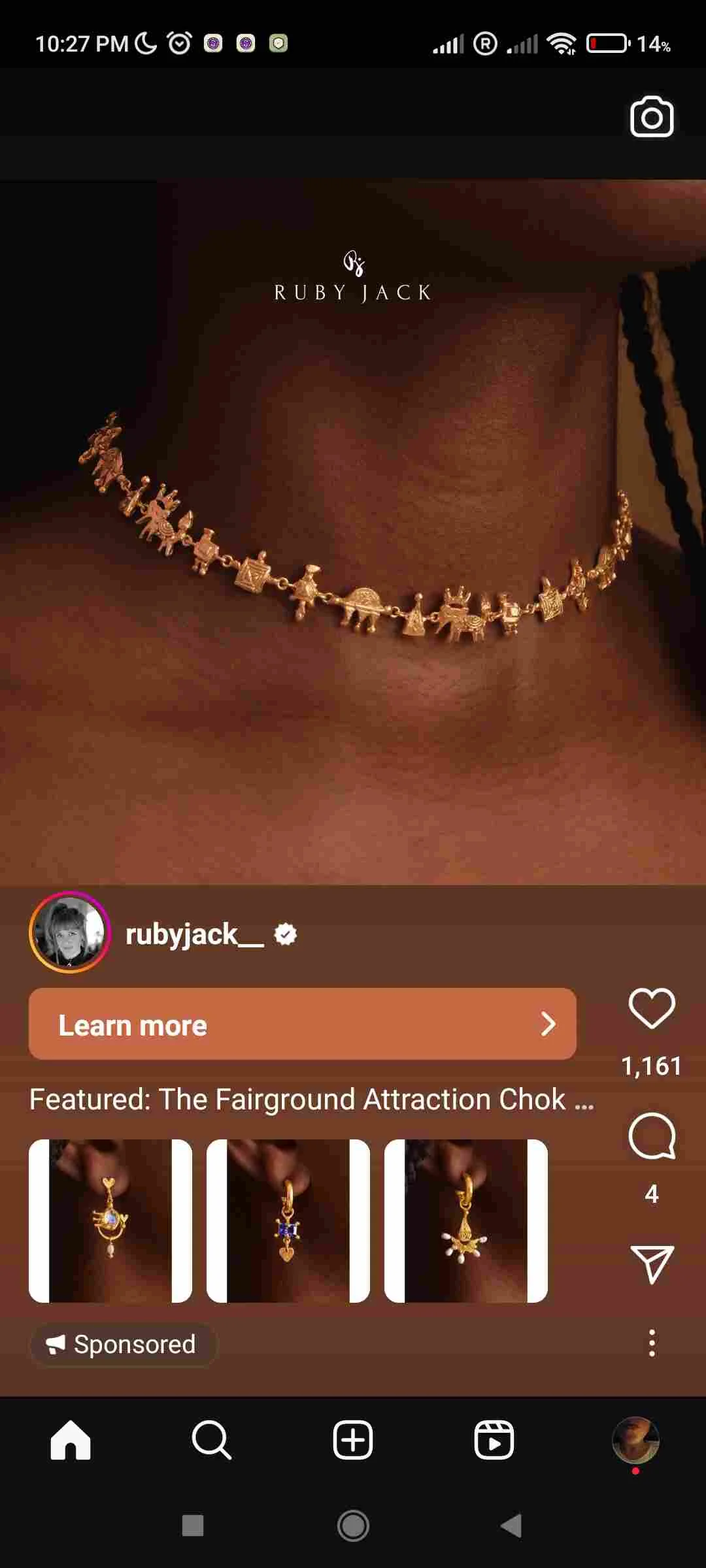 Ruby Jack Instagram collection ad showing a gold charm choker in warm lighting, with earrings in a row below.