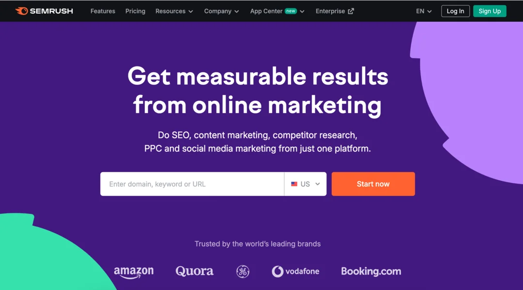 Semrush homepage offering SEO, content marketing, competitor research, PPC, and social media tools