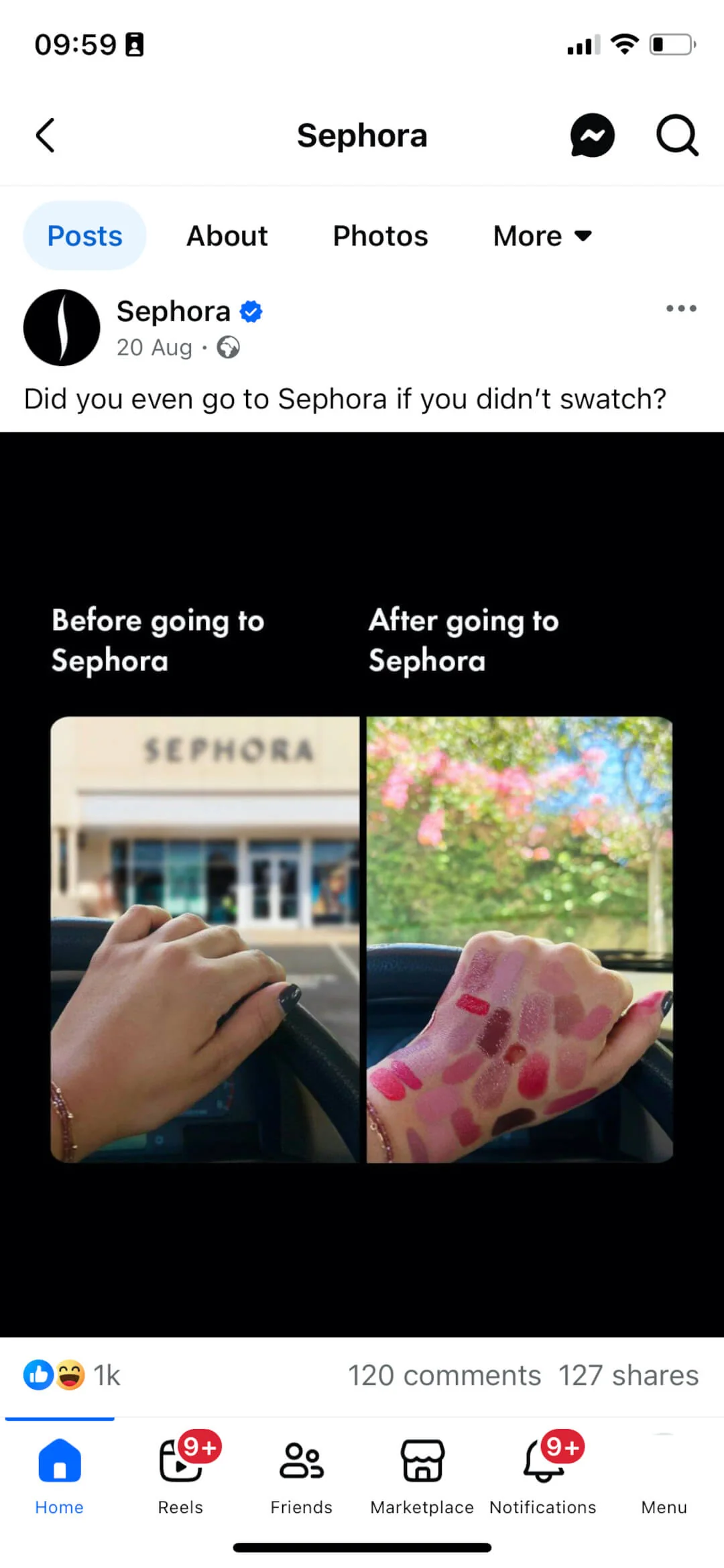 Sephora Facebook post with a question caption, 'Did you even go to Sephora if you didn't swatch?'