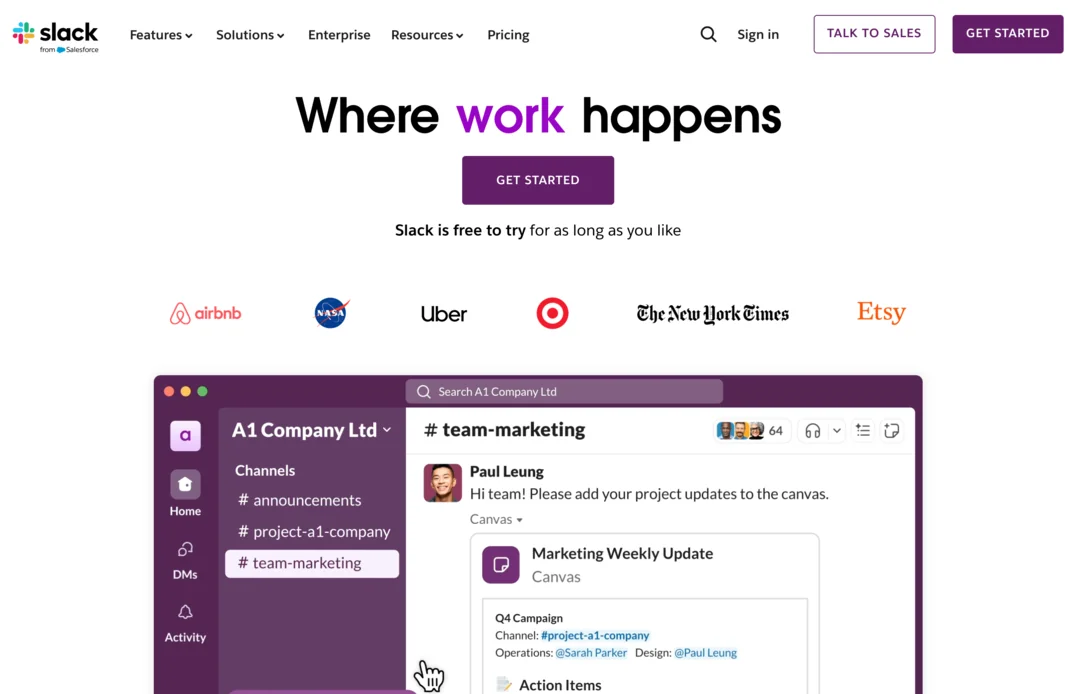 Slack homepage