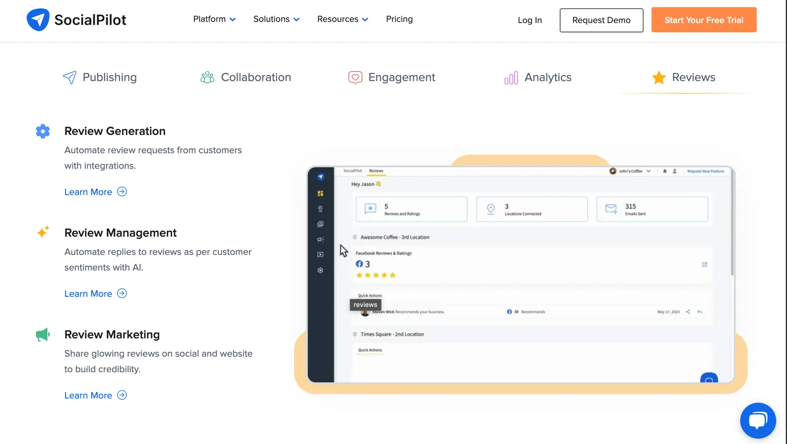 SocialPilot Reviews tab with automated review requests, AI review replies, and a reviews dashboard.