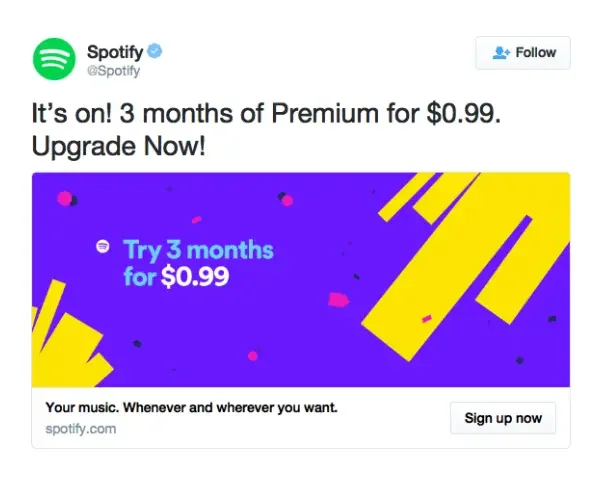 Spotify ad on X (Twitter) offering 3 months of Premium for $0.99 with a 'Sign up now' button.
