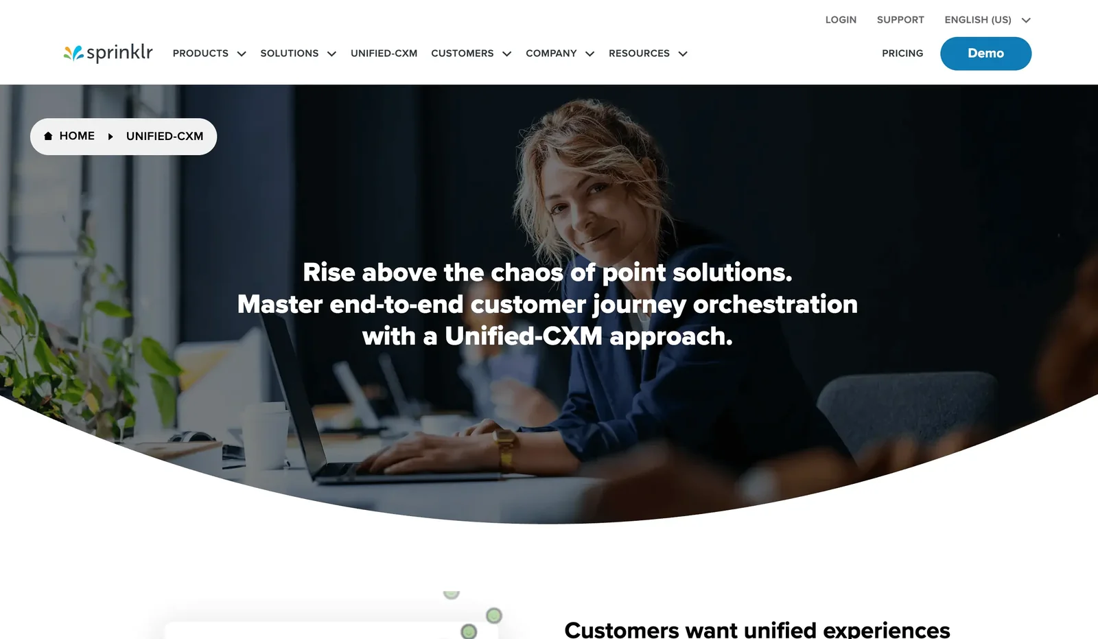 Sprinklr Unified-CXM page about managing the whole customer journey on one platform.