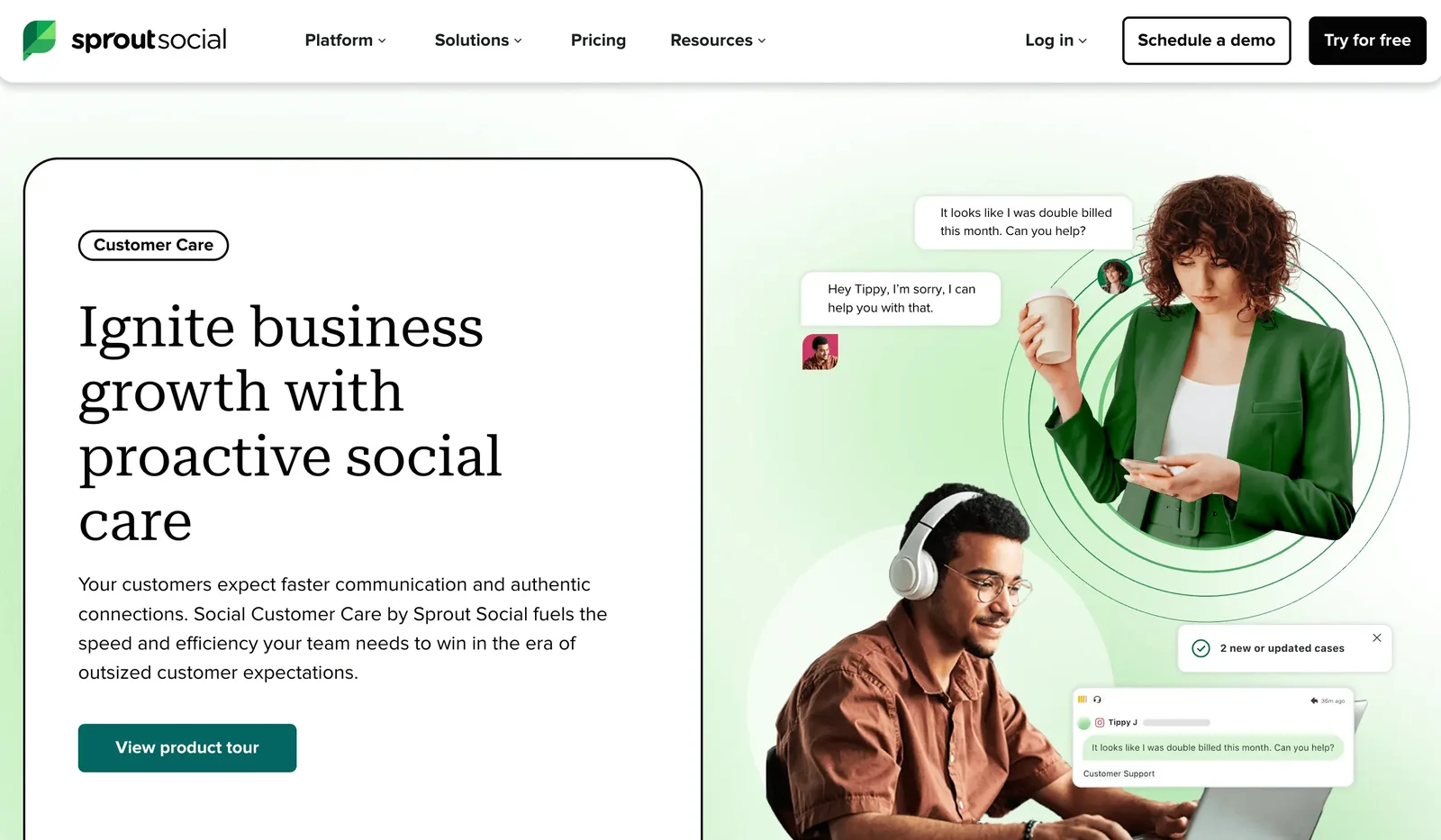 Sprout Social Customer Care page promoting faster, proactive replies to social customer messages.
