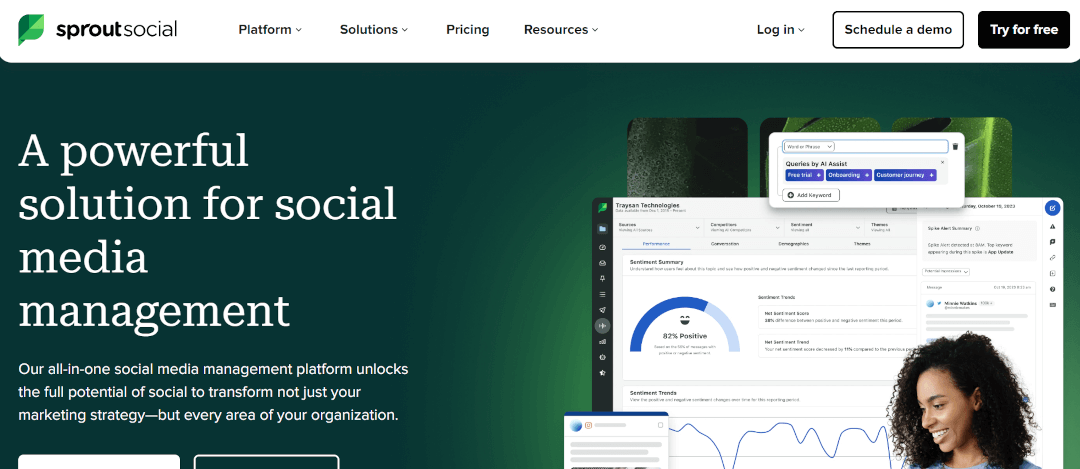 Sprout Social homepage pitching an all-in-one social media management platform with sentiment analytics
