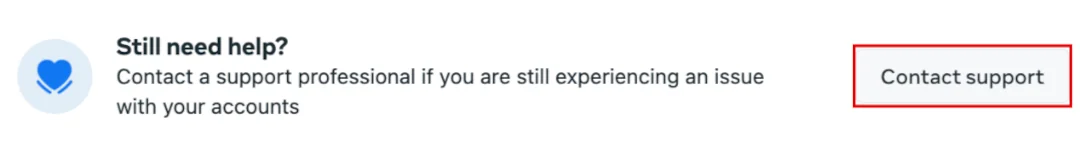 The "Still need help" section with the highlighted "Contact support" button.