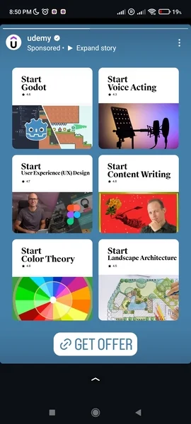 Udemy Instagram Stories ad with a grid of courses, from Godot to color theory, and a 'Get offer' button.