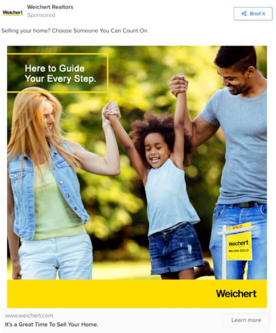 Weichert Realtors Facebook ad with a family photo and the line 'Here to Guide Your Every Step.'