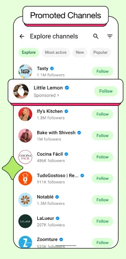 WhatsApp channel directory with a sponsored channel shown under Promoted Channels.